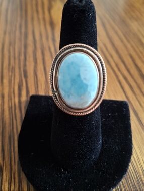 Ring Large Larimar Oval Natural Stone Copper Adjustable Band Size 5-6-7